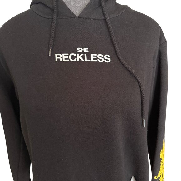 Young & Reckless Womens Cropped Hoodie Sweatshirt Black & Yellow - Picture 3 of 7